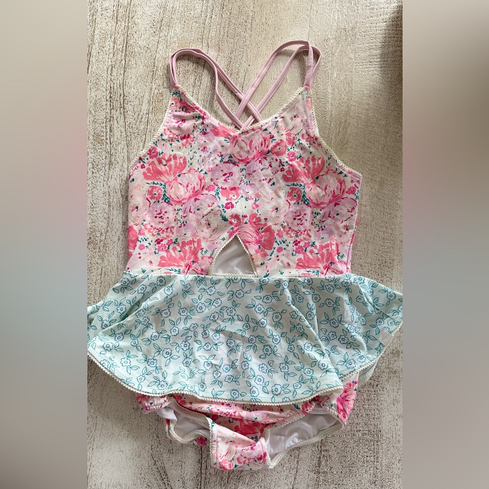 SweetHoney Pink Floral and Aqua One-Piece Swimsuit for Kids